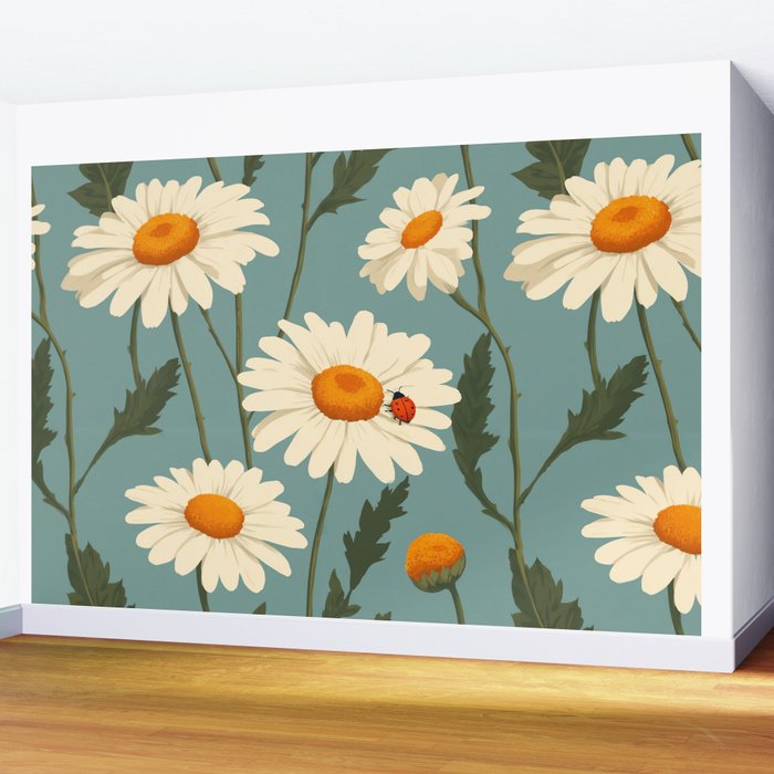 Charming Daisies with Ladybug Wall Mural Gallery Image 2