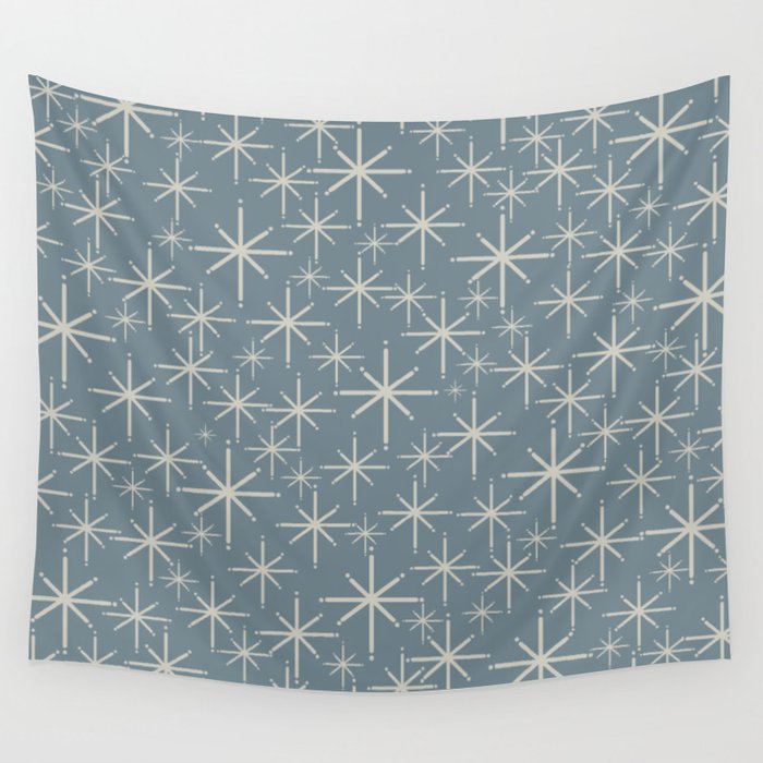 Twinkling Mid Century Modern Starburst Pattern Neutral Blue Gray Wall Tapestry Gallery Image 4