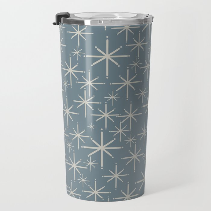 Twinkling Mid Century Modern Starburst Pattern Neutral Blue Gray Travel Mug Gallery Image 3