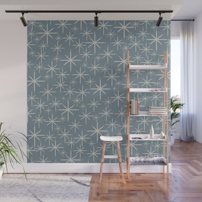 Twinkling Mid Century Modern Starburst Pattern Neutral Blue Gray Wall Mural Gallery Image 1