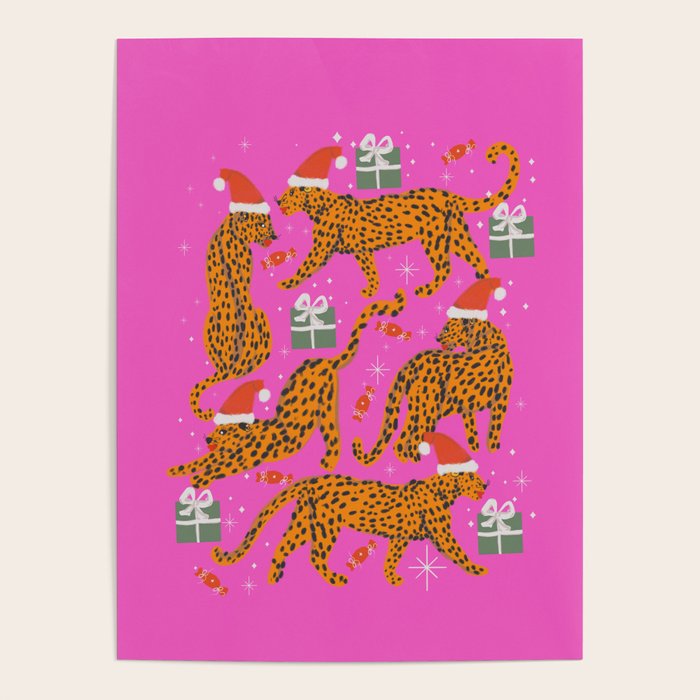 Fashionable cats with Christmas hats and gifts in fuchsia pink background  Poster Gallery Image 1