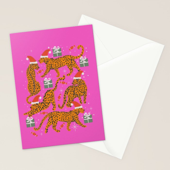 Fashionable cats with Christmas hats and gifts in fuchsia pink background  Stationery Card Gallery Image 2