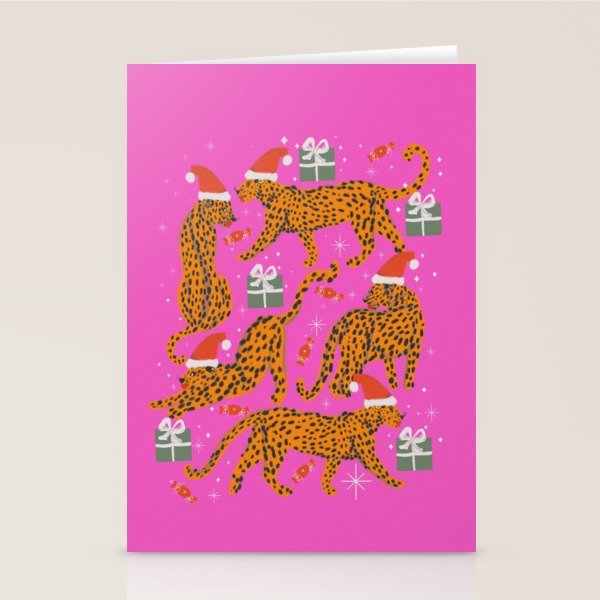 Fashionable cats with Christmas hats and gifts in fuchsia pink background  Stationery Card Gallery Image 2