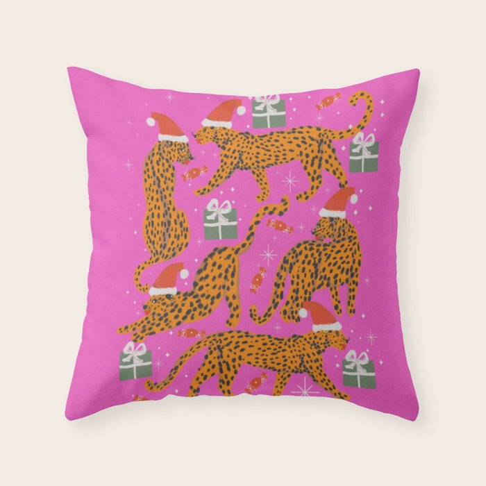 Fashionable cats with Christmas hats and gifts in fuchsia pink background  Throw Pillow Gallery Image 6