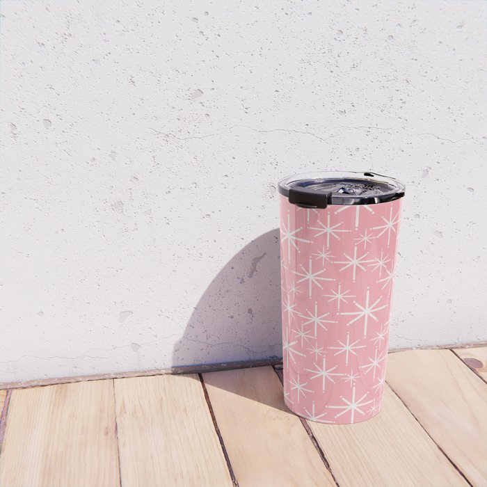 Mid Century Modern Twinkling Stars Retro Atomic Pattern in Pink Travel Mug Gallery Image 4