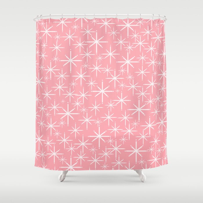Mid Century Modern Twinkling Stars Retro Atomic Pattern in Pink Shower Curtain Gallery Image 1