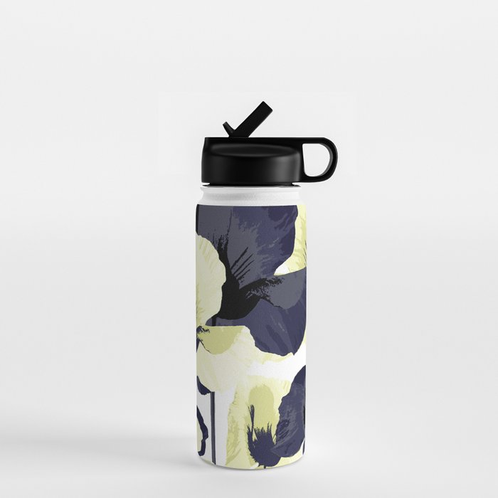 Dark Blue and Light Yellow Poppies On A White Background Fall Mood #decor #society6 #buyart Water Bottle Gallery Image 1