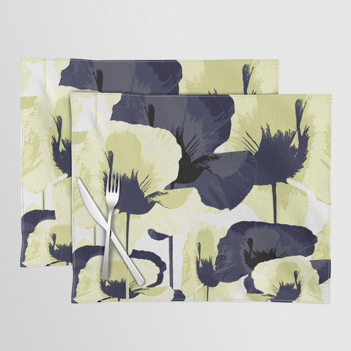 Dark Blue and Light Yellow Poppies On A White Background Fall Mood #decor #society6 #buyart Placemat Gallery Image 1