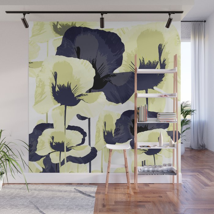 Dark Blue and Light Yellow Poppies On A White Background Fall Mood #decor #society6 #buyart Wall Mural Gallery Image 1