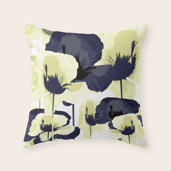 Dark Blue and Light Yellow Poppies On A White Background Fall Mood #decor #society6 #buyart Throw Pillow Gallery Image 1