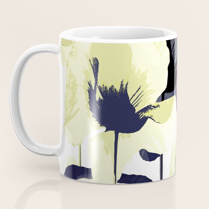 Dark Blue and Light Yellow Poppies On A White Background Fall Mood #decor #society6 #buyart Coffee Mug Gallery Image 3