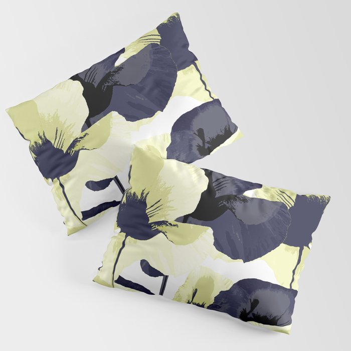 Dark Blue and Light Yellow Poppies On A White Background Fall Mood #decor #society6 #buyart Pillow Sham Gallery Image 3