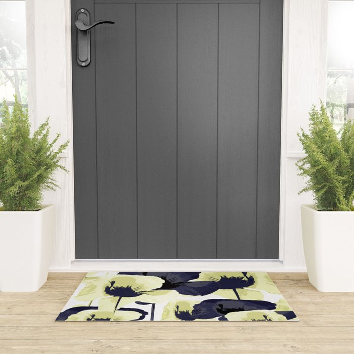 Dark Blue and Light Yellow Poppies On A White Background Fall Mood #decor #society6 #buyart Welcome Mat Gallery Image 3