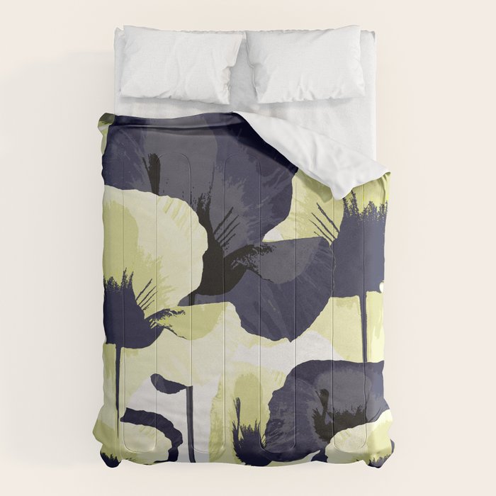Dark Blue and Light Yellow Poppies On A White Background Fall Mood #decor #society6 #buyart Comforter Gallery Image 6