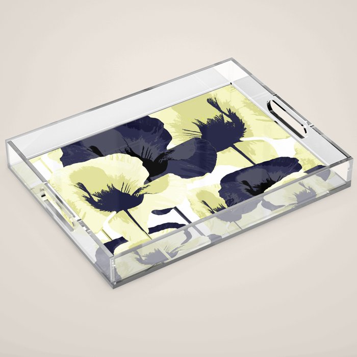 Dark Blue and Light Yellow Poppies On A White Background Fall Mood #decor #society6 #buyart Acrylic Tray Gallery Image 1