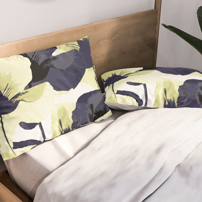 Dark Blue and Light Yellow Poppies On A White Background Fall Mood #decor #society6 #buyart Pillow Sham Gallery Image 2