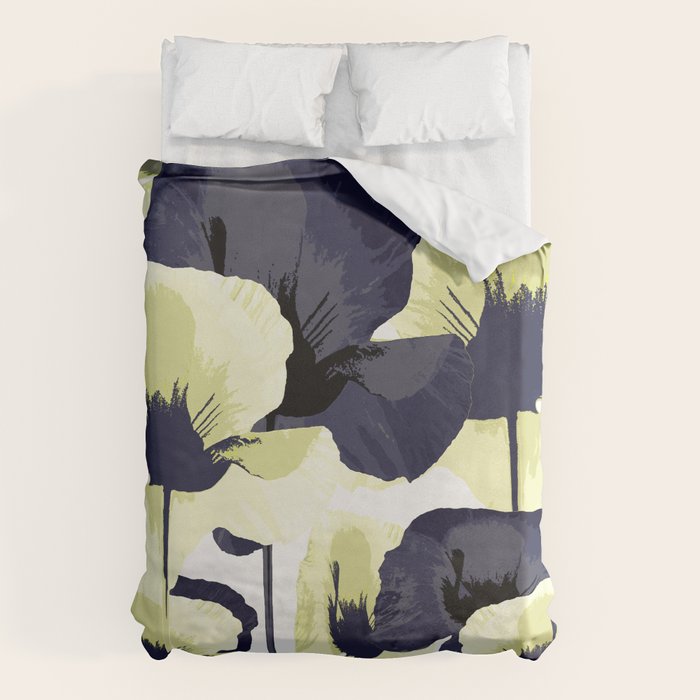 Dark Blue and Light Yellow Poppies On A White Background Fall Mood #decor #society6 #buyart Duvet Cover Gallery Image 1