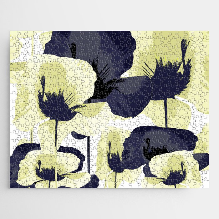 Dark Blue and Light Yellow Poppies On A White Background Fall Mood #decor #society6 #buyart Jigsaw Puzzle Gallery Image 1