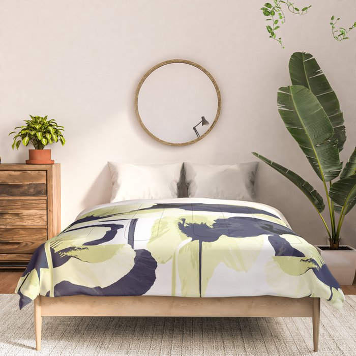 Dark Blue and Light Yellow Poppies On A White Background Fall Mood #decor #society6 #buyart Comforter Gallery Image 3