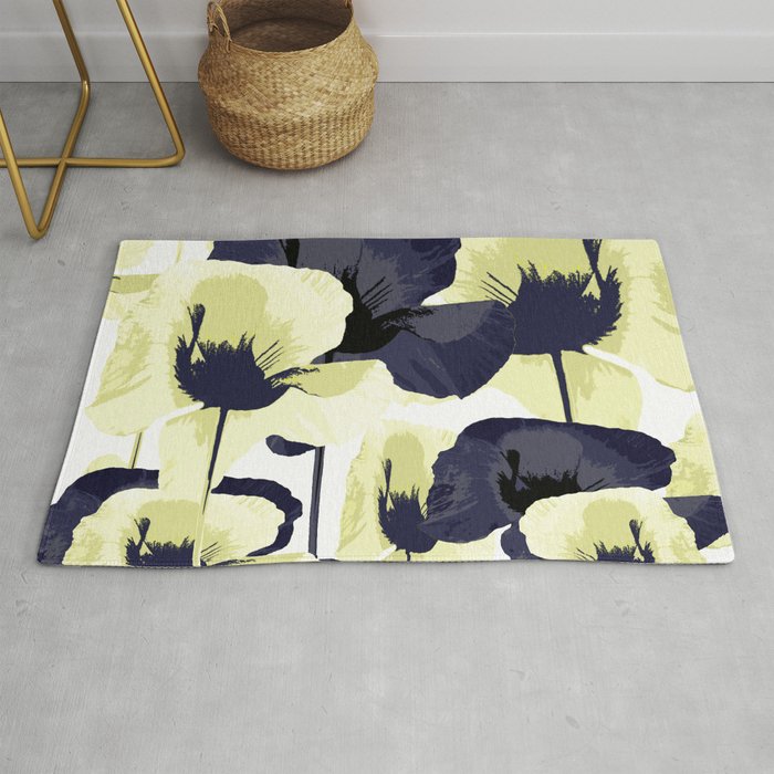 Dark Blue and Light Yellow Poppies On A White Background Fall Mood #decor #society6 #buyart Rug Gallery Image 1