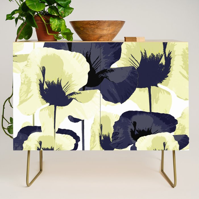 Dark Blue and Light Yellow Poppies On A White Background Fall Mood #decor #society6 #buyart Credenza Gallery Image 1