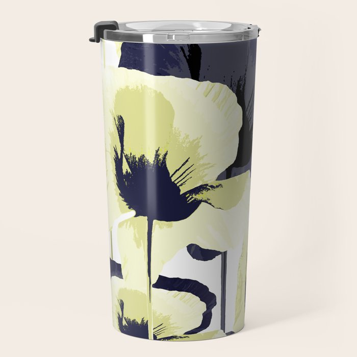 Dark Blue and Light Yellow Poppies On A White Background Fall Mood #decor #society6 #buyart Travel Mug Gallery Image 3