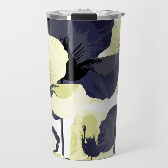 Dark Blue and Light Yellow Poppies On A White Background Fall Mood #decor #society6 #buyart Travel Mug Gallery Image 1