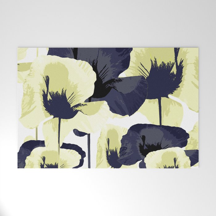Dark Blue and Light Yellow Poppies On A White Background Fall Mood #decor #society6 #buyart Welcome Mat Gallery Image 1