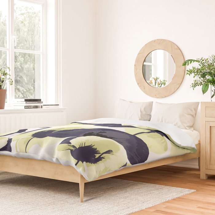 Dark Blue and Light Yellow Poppies On A White Background Fall Mood #decor #society6 #buyart Duvet Cover Gallery Image 2