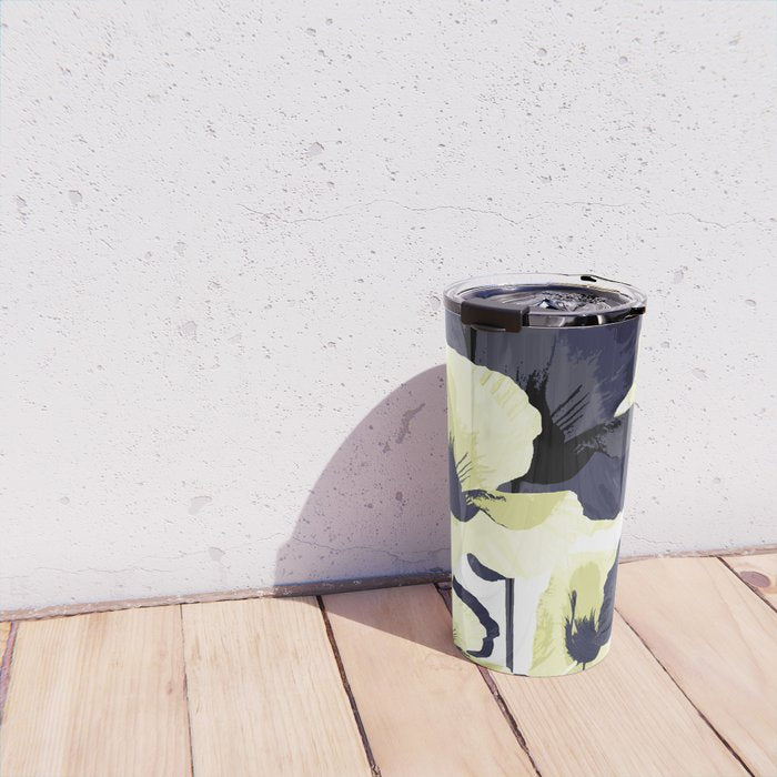 Dark Blue and Light Yellow Poppies On A White Background Fall Mood #decor #society6 #buyart Travel Mug Gallery Image 4