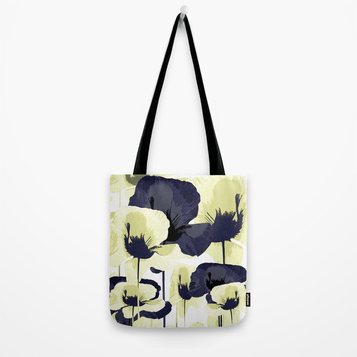 Dark Blue and Light Yellow Poppies On A White Background Fall Mood #decor #society6 #buyart Tote Bag Gallery Image 2