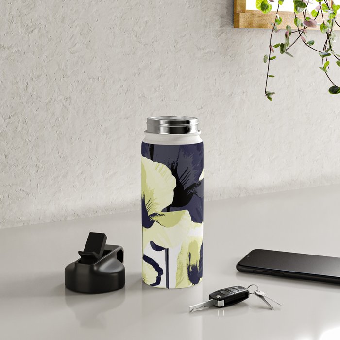Dark Blue and Light Yellow Poppies On A White Background Fall Mood #decor #society6 #buyart Water Bottle Gallery Image 4