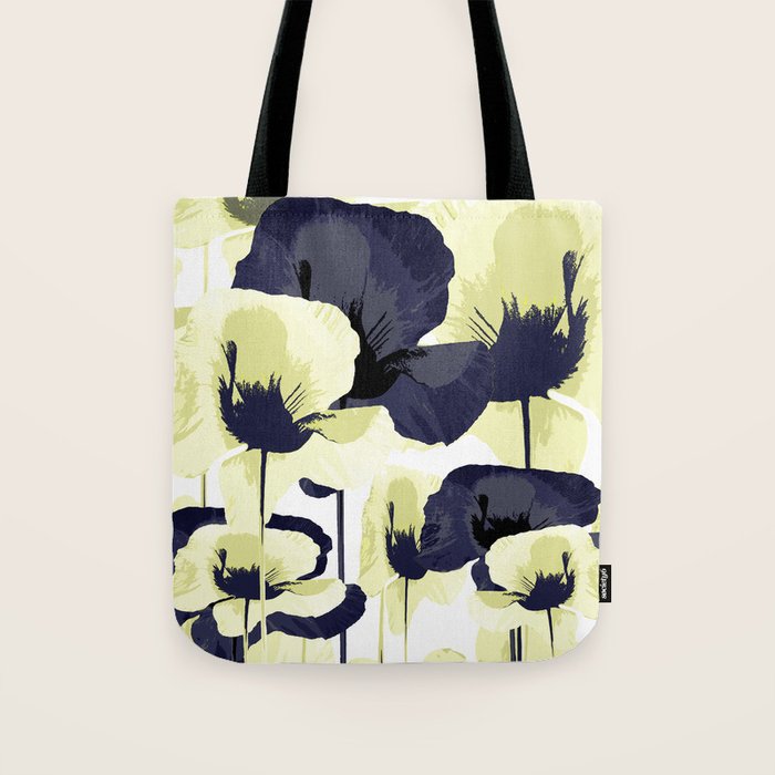 Dark Blue and Light Yellow Poppies On A White Background Fall Mood #decor #society6 #buyart Tote Bag Gallery Image 1
