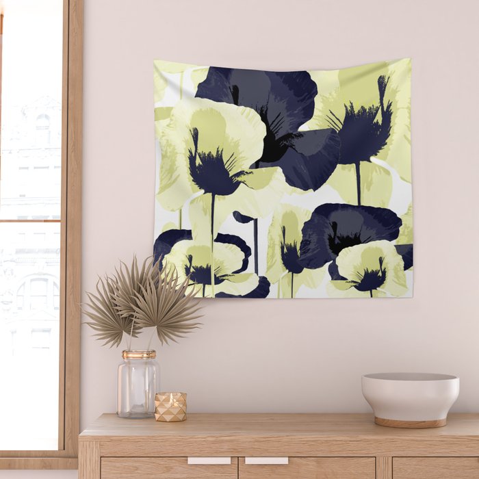 Dark Blue and Light Yellow Poppies On A White Background Fall Mood #decor #society6 #buyart Wall Tapestry Gallery Image 2