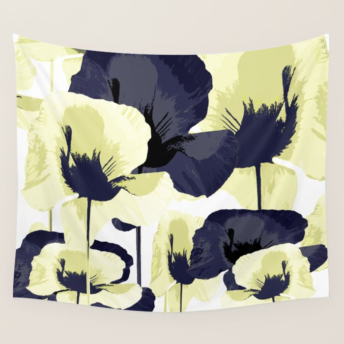 Dark Blue and Light Yellow Poppies On A White Background Fall Mood #decor #society6 #buyart Wall Tapestry Gallery Image 1