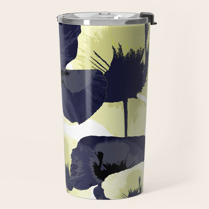 Dark Blue and Light Yellow Poppies On A White Background Fall Mood #decor #society6 #buyart Travel Mug Gallery Image 2
