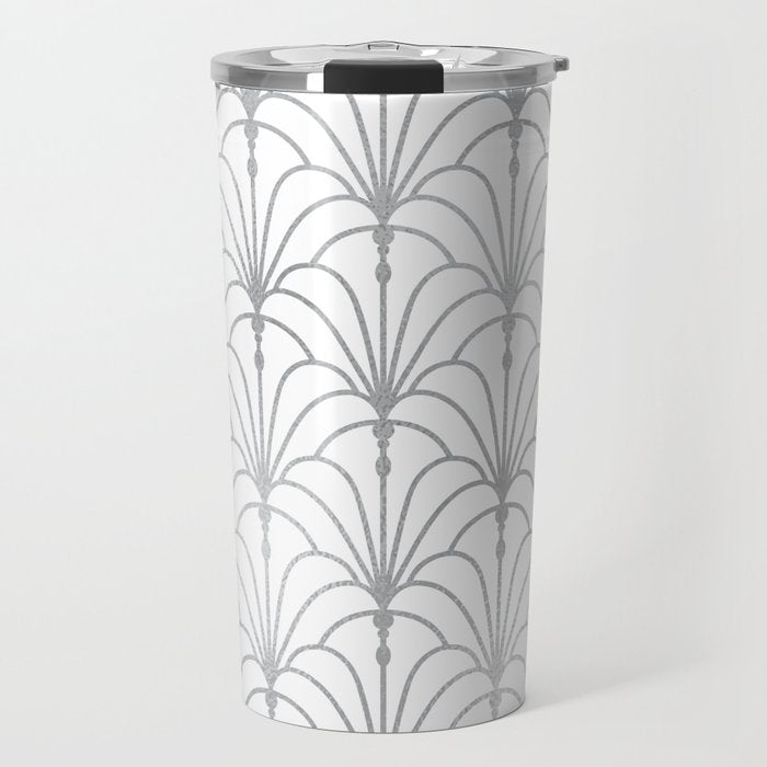 Art Nouveau White & Silver Grey Pattern Travel Mug Gallery Image 1