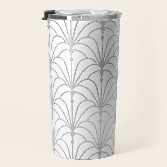 Art Nouveau White & Silver Grey Pattern Travel Mug Gallery Image 3