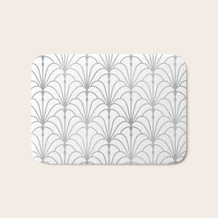 Art Nouveau White & Silver Grey Pattern Bath Mat Gallery Image 1