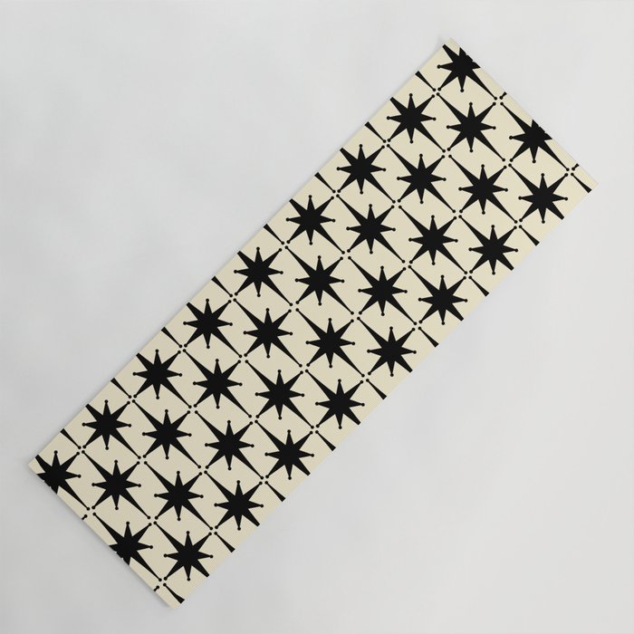 Atomic Age Starbursts - Midcentury Modern Pattern in Black and Retro Cream Yoga Mat Gallery Image 1