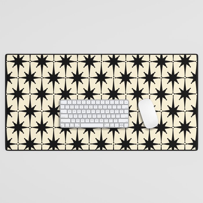 Atomic Age Starbursts - Midcentury Modern Pattern in Black and Retro Cream Desk Mat Gallery Image 1