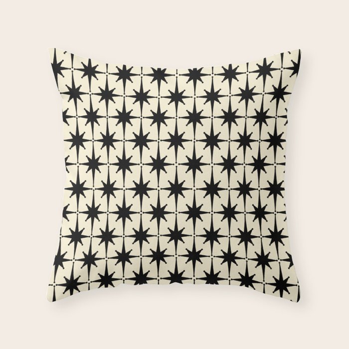 Atomic Age Starbursts - Midcentury Modern Pattern in Black and Retro Cream Throw Pillow Gallery Image 1