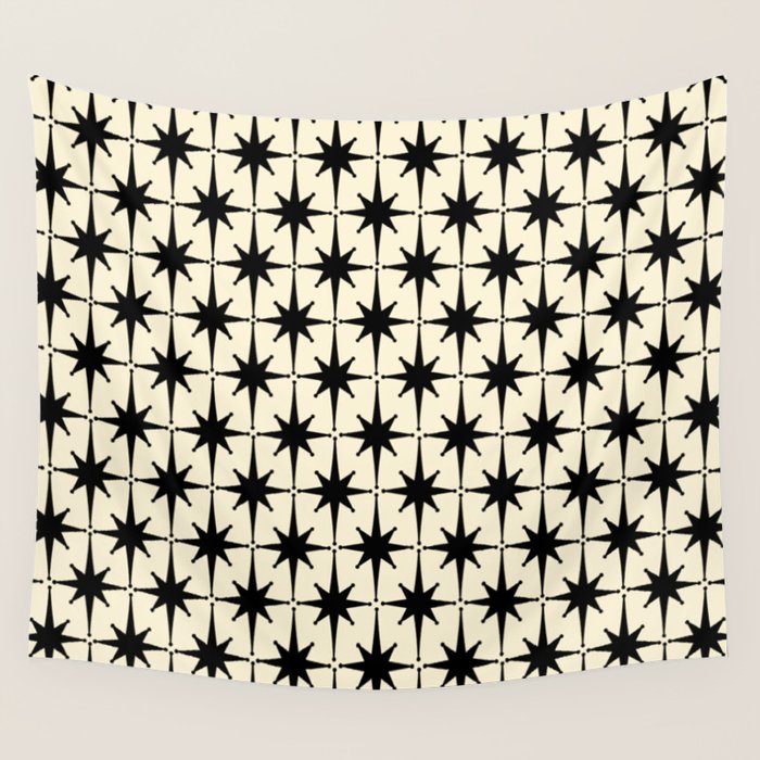 Atomic Age Starbursts - Midcentury Modern Pattern in Black and Retro Cream Wall Tapestry Gallery Image 1