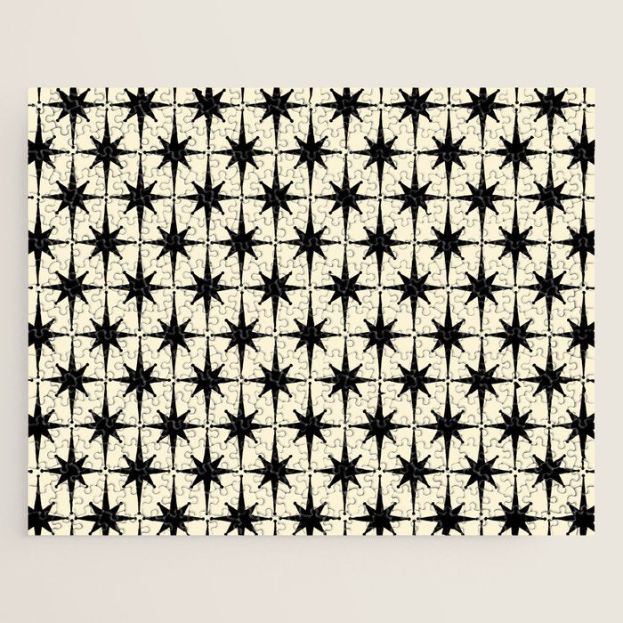 Atomic Age Starbursts - Midcentury Modern Pattern in Black and Retro Cream Jigsaw Puzzle Gallery Image 1