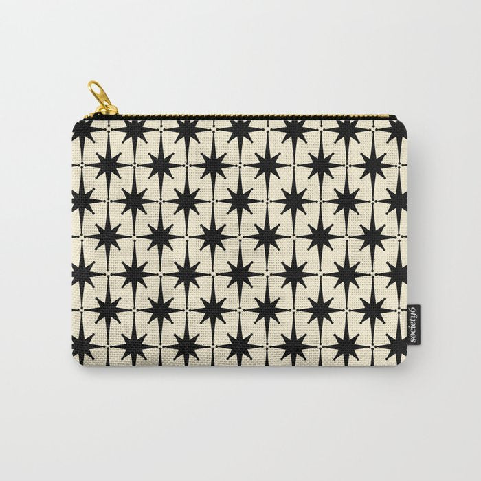 Atomic Age Starbursts - Midcentury Modern Pattern in Black and Retro Cream Carry All Pouch Gallery Image 1