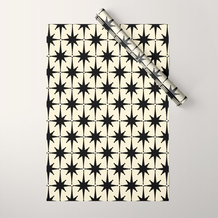 Atomic Age Starbursts - Midcentury Modern Pattern in Black and Retro Cream Wrapping Paper Gallery Image 1