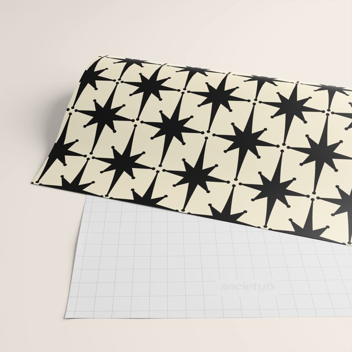 Atomic Age Starbursts - Midcentury Modern Pattern in Black and Retro Cream Wrapping Paper Gallery Image 2