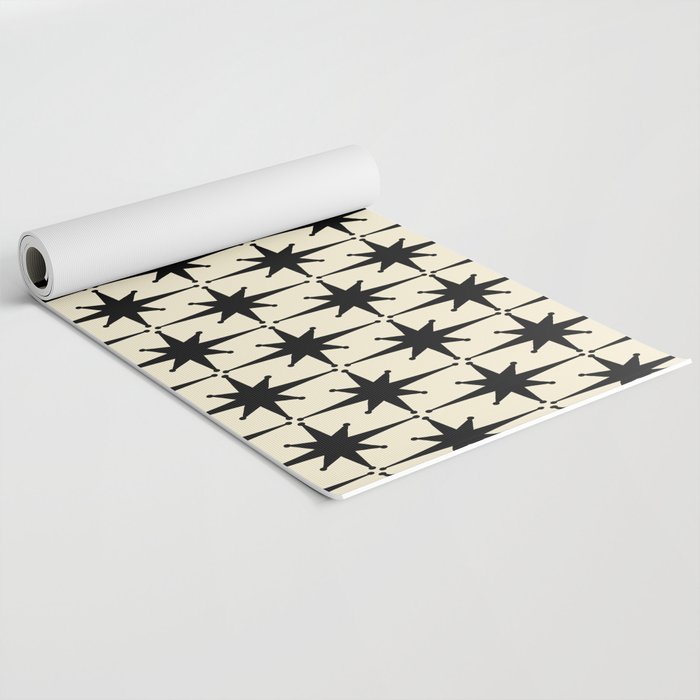 Atomic Age Starbursts - Midcentury Modern Pattern in Black and Retro Cream Yoga Mat Gallery Image 2