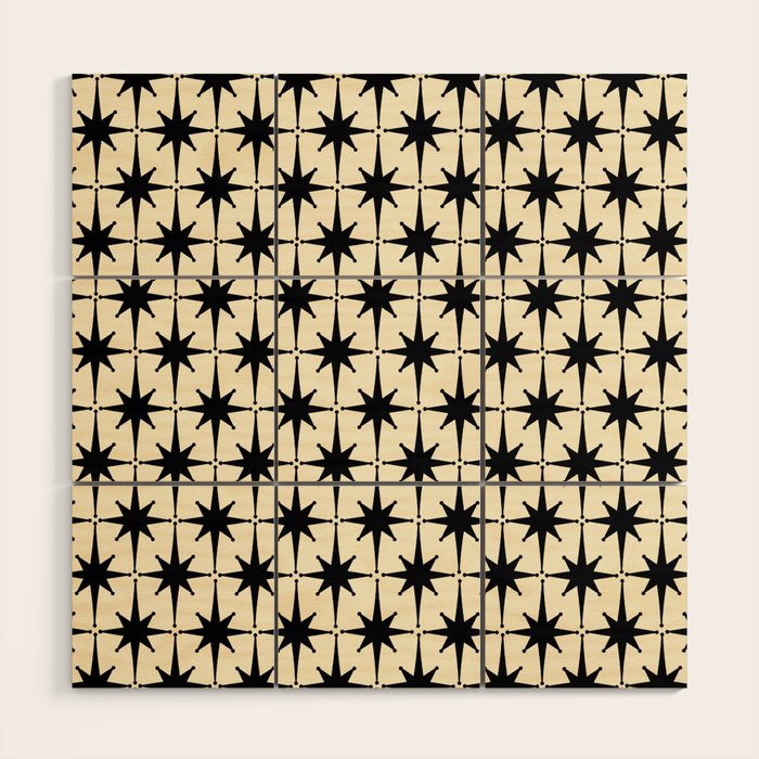 Atomic Age Starbursts - Midcentury Modern Pattern in Black and Retro Cream Wood Wall Art Gallery Image 1