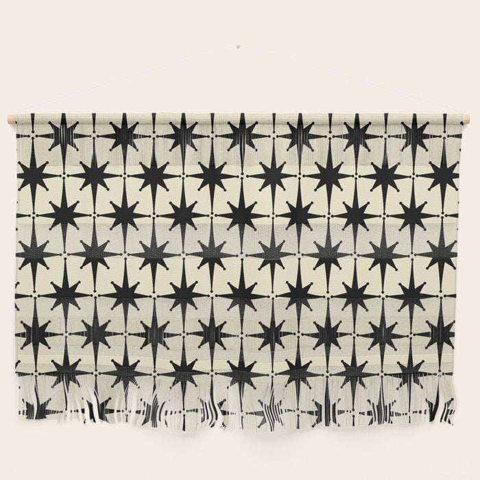 Atomic Age Starbursts - Midcentury Modern Pattern in Black and Retro Cream Wall Hanging Gallery Image 1